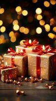 Natal Magia presente caixas, vermelho arcos, cintilação no meio bokeh luzes' celebração. vertical Móvel papel de parede ai gerado foto