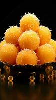 festivo Doçura motichoor laddu, adorado indiano tratar para celebrações, transbordante com sabor vertical Móvel papel de parede ai gerado foto