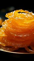 brilhante rotações indiano jalebi, frito para perfeição dentro puro ghee, seletivamente focado vertical Móvel papel de parede ai gerado foto