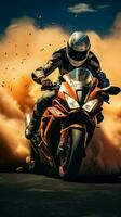 Alto Rapidez raça em rastrear extremo atletas manobra esporte motocicletas com feroz determinação vertical Móvel papel de parede ai gerado foto