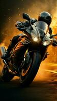 poderoso motocicleta ruge às Alto velocidade, cavaleiro imerso dentro adrenalina bombeamento velocidade vertical Móvel papel de parede ai gerado foto