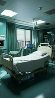 esvaziar hospital quarto características único cama, desprovido do ocupantes ou atividade. vertical Móvel papel de parede ai gerado foto