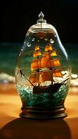 vidro limite viagem navio garrafa detém uma meticulosamente detalhado navegante embarcação dentro vertical Móvel papel de parede ai gerado foto