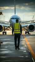 manutenção Supervisor abordagens estacionado avião em aterrissagem campo, visto a partir de atrás. vertical Móvel papel de parede ai gerado foto