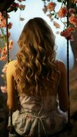 ao ar livre serenidade mulher em balanço, cabelo agraciado de flores, capturado a partir de atrás vertical Móvel papel de parede ai gerado foto