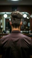 preciso cortar traseiro Visão Como masculino recebe corte de cabelo, fundo suavemente borrado vertical Móvel papel de parede ai gerado foto