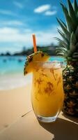 trago do paraíso fresco abacaxi beber dentro mão, negligenciar uma lindo de praia vertical Móvel papel de parede ai gerado foto