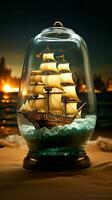 arte do a mar navio dentro uma garrafa, exibindo uma marítimo obra-prima encapsulado vertical Móvel papel de parede ai gerado foto