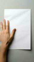 branco tela de pintura mãos aperto em branco papel, destacando criativo possibilidades dentro isolamento vertical Móvel papel de parede ai gerado foto