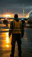 costas Visão aeronave manutenção Supervisor cabeças para estacionado avião em aterrissagem campo. vertical Móvel papel de parede ai gerado foto