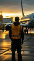 costas Visão aeronave manutenção Supervisor cabeças para estacionado avião em aterrissagem campo. vertical Móvel papel de parede ai gerado foto