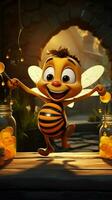 desenho animado abelha em colméia, acenando ao lado querida jarros, abelhas dentro voar encantador campo cena vertical Móvel papel de parede ai gerado foto