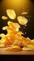 velozes Comida Magia batata salgadinhos levitar contra amarelo pano de fundo, a encantador culinária processo vertical Móvel papel de parede ai gerado foto