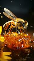 dentro voo, uma abelha graças uma jarra, querida brilhante dentro delicado gotas vertical Móvel papel de parede ai gerado foto