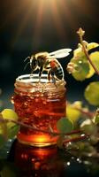 abelha leva voar a partir de jarra entre vermelho verde folhas, lente queimado Magia preenche ar vertical Móvel papel de parede ai gerado foto