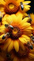 abelhas reunir girassol néctar, Empoeirado dentro amarelo pólen, uma polinização maravilha vertical Móvel papel de parede ai gerado foto