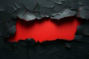 vermelho papel surge através uma rasgado abismo dentro uma Preto abstrato tela de pintura ai gerado foto