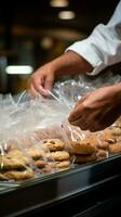 mans fechar acima açao protegendo biscoitos dentro uma plástico saco durante mercearia compras vertical Móvel papel de parede ai gerado foto