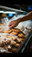 mans fechar acima açao protegendo biscoitos dentro uma plástico saco durante mercearia compras vertical Móvel papel de parede ai gerado foto