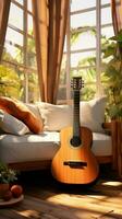 a vivo quartos contemporâneo conforto melhorada de a presença do uma guitarra. vertical Móvel papel de parede ai gerado foto