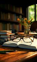 uma de madeira escrivaninha hospedeiros uma arrumado pilha do livros e lendo óculos vertical Móvel papel de parede ai gerado foto