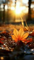 outono folhas adornar Sol beijou grama, criando uma belas tonificado manhã cena vertical Móvel papel de parede ai gerado foto