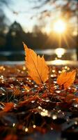 outono folhas adornar Sol beijou grama, criando uma belas tonificado manhã cena vertical Móvel papel de parede ai gerado foto