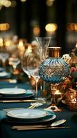luxuoso mesa arranjo com cristal vidraria, uma deslumbrante pano de fundo para eventos e casamentos vertical Móvel papel de parede ai gerado foto