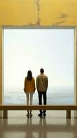 traseiro Visão do uma casal olhando às uma em branco parede juntos vertical Móvel papel de parede ai gerado foto