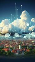 inteligente cidade visão ilustrado em uma bandeira com uma nuvem Informática pano de fundo vertical Móvel papel de parede ai gerado foto