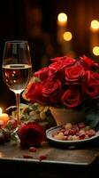 mesa para romance vermelho vinho velas rosas vertical Móvel papel de parede ai gerado foto