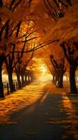 vibrante outono cena dourado árvores luz solar parques vertical Móvel papel de parede ai gerado foto