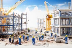 construção local com guindastes e trabalhadores. 3d render ilustração. ai gerado. foto