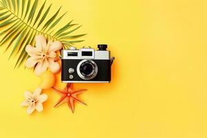 plano deitar composição com retro Câmera e tropical folhas em amarelo fundo. ai gerado. foto