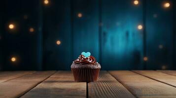 chocolate Bolinho em de madeira mesa contra bokeh luzes fundo. ai gerado. foto