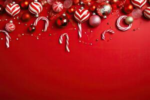 Natal fundo com doce bengalas e enfeites em vermelho fundo. ai gerado. foto