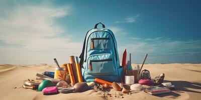 mochila e escola suprimentos em a areia dentro a deserto. costas para escola conceito. ai gerado. foto