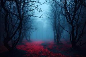 místico Sombrio floresta com névoa e vermelho claro. dia das Bruxas conceito. ai gerado. foto