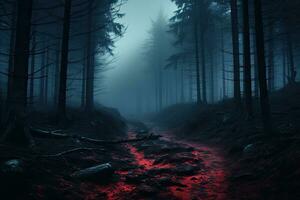 misterioso Sombrio floresta com vermelho luz dentro uma nebuloso noite. ai gerado. foto