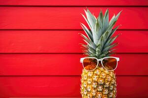 abacaxi com oculos de sol em vermelho de madeira fundo. verão período de férias conceito. ai gerado. foto