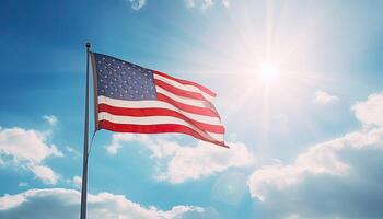 americano bandeira acenando dentro a vento contra uma azul céu com Sol raios. ai gerado. foto