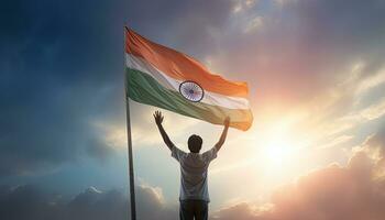 homem acenando indiano bandeira contra azul e laranja céu com branco nuvens. ai gerado. foto