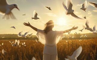 lindo jovem mulher dentro branco vestir em trigo campo com vôo pássaros às pôr do sol. ai gerado. foto