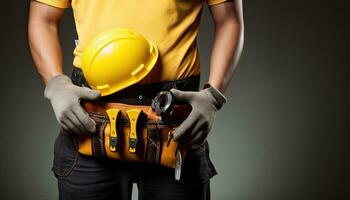 fechar-se do uma construção trabalhador segurando uma ferramenta cinto e uma amarelo capacete. ai gerado. foto