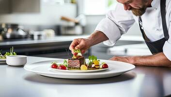 chefe de cozinha dentro restaurante cozinha decoração prato com frutas e legumes. ai gerado. foto