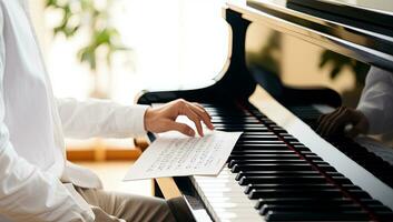 cortada tiro do homem jogando piano às casa dentro a vivo sala. ai gerado. foto