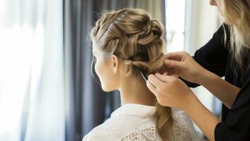 profissional cabeleireiro fazendo Penteado do jovem mulher dentro beleza salão. ai gerado. foto