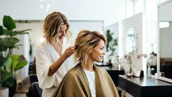 profissional cabeleireiro fazendo corte de cabelo do mulher dentro beleza salão. ai gerado. foto