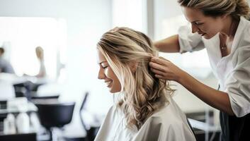 profissional cabeleireiro fazer Penteado para mulher dentro beleza salão. ai gerado. foto