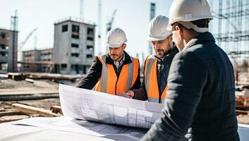 arquitetos com projeto às construção local. construção engenheiro e arquiteto conceito. ai gerado. foto